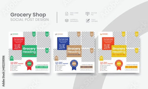 Customizable grocery shop social media post for the supermarket promotion. Professional grocery business social web banner content layout design. Vol - 13