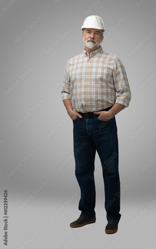 portrait of mature happy handyman isolated on white background. portrait of mature happy handyman isolated on white background.