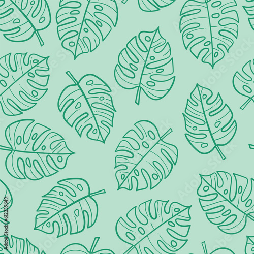 Green tropical monstera leaves seamless vector repeat pattern