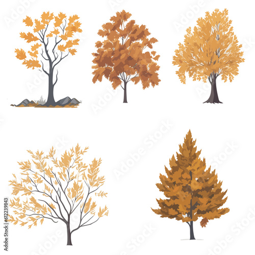  Minimal style tree painting hand drawn. Autumn tree watercolor vector illustration. Set of graphics trees elements drawing for architecture and landscape design. White background