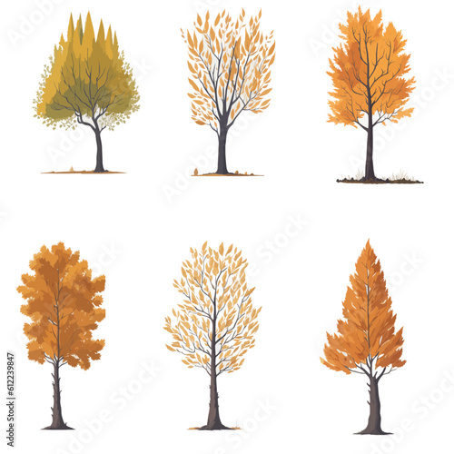  Minimal style tree painting hand drawn. Autumn tree watercolor vector illustration. Set of graphics trees elements drawing for architecture and landscape design. White background