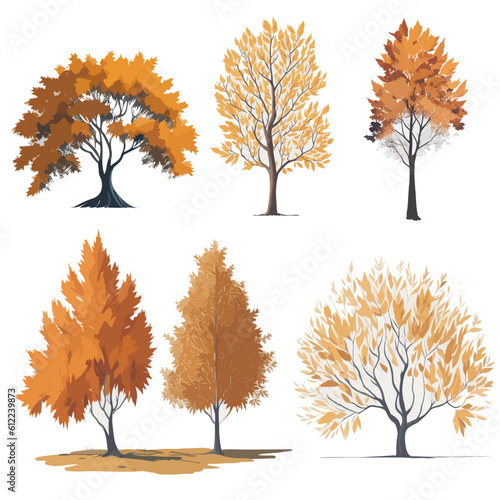  Minimal style tree painting hand drawn. Autumn tree watercolor vector illustration. Set of graphics trees elements drawing for architecture and landscape design. White background
