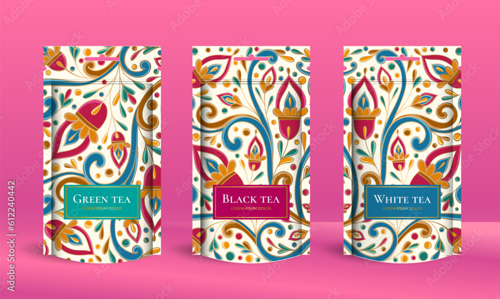 Tea packaging design with zip pouch bag mockup. Vector ornament template. Elegant, classic elements. Great for food, drink and other package types. Can be used for background and wallpaper.