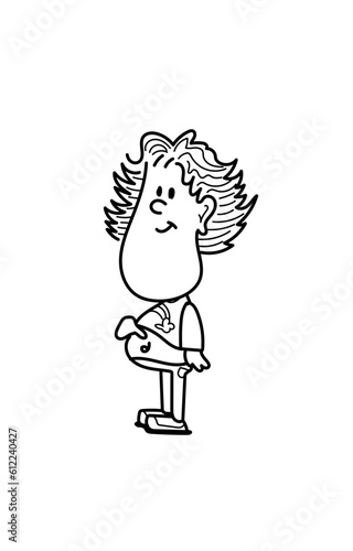 Cute little girl character standing smiling and pointing to her belly button with her finger. Black and white hand drawn cartoon style vector illustration isolated on white background.