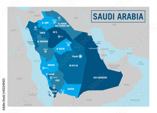 Saudi Arabia country political map.  Detailed vector illustration with isolated provinces, departments, regions, cities, islands and states easy to ungroup.