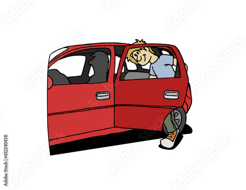 Cute young man smiling character getting into a red car. Backseat car. Colorful cartoon style vector illustration isolated on white background.