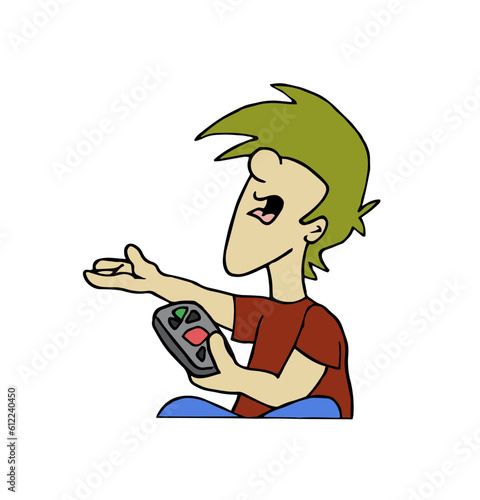 Cute boy character angry sitting on floor and complaining while playing video games. Colorful cartoon style vector illustration isolated on white background.