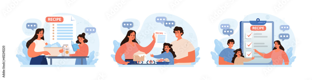 Parents teaching their child how to cook set. Family making food Parents teaching their child how to cook set. Family making food