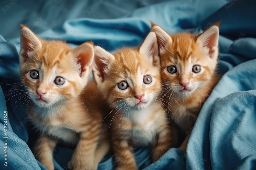 Three orange color furry kittens lying on blue silk clothing. Generative ai