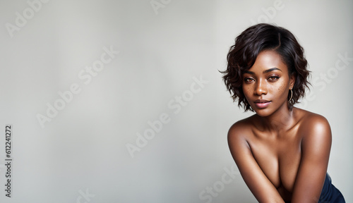 illustrazione generative ai ritratto primo piano di giovane affascinante ragazza di colore, capelli scuri e corti, sguardo verso l'osservatore, sfondo neutro di luce diffusa photo