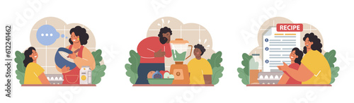 Parents teaching their child how to cook set. Family making food