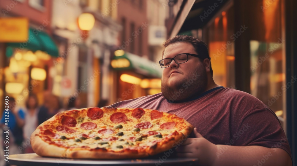 Fat happy man 30 years old with pizza on cafe. Fat happy man 30 years old with pizza on cafe.