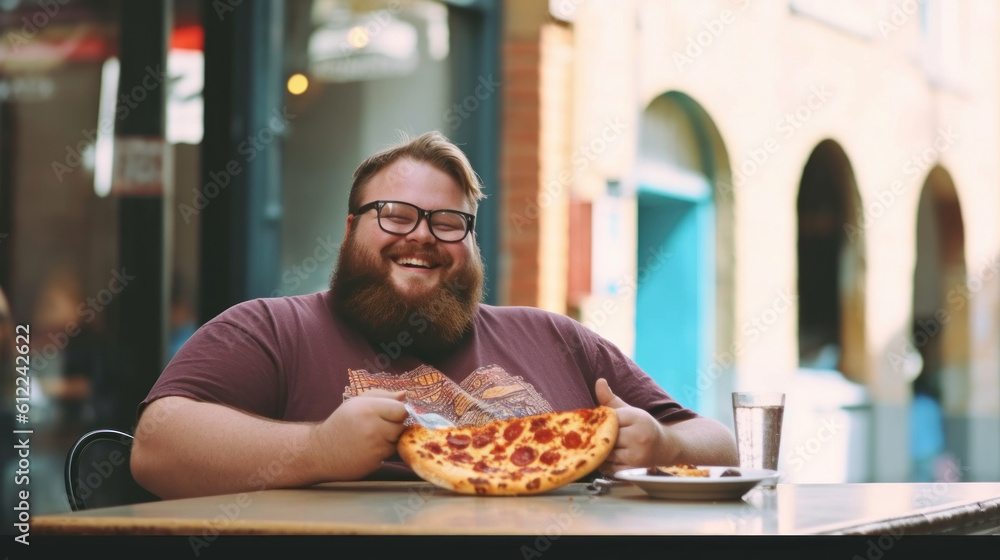 Fat happy man 30 years old with pizza on cafe.