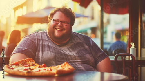 Fat happy man 30 years old with pizza on cafe. © tashechka