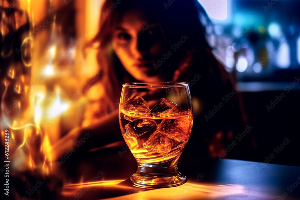 Glass with ice and whiskey on a table with a blurred young woman in the dim background with dark bar lights, made with generative ai