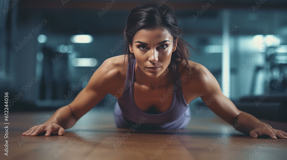 Pretty woman looking at the camera while doing push ups from wooden floor in gym. Generative AI. Pretty woman looking at the camera while doing push ups from wooden floor in gym. Generative AI.