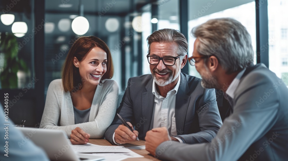 Senior couple meeting financial advisor for investment. Generative AI. Senior couple meeting financial advisor for investment. Generative AI.