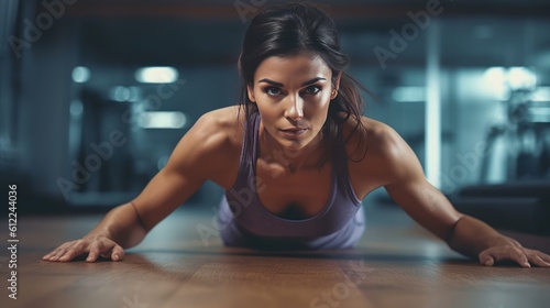 Pretty woman looking at the camera while doing push ups from wooden floor in gym. Generative AI.
