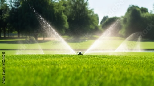 Irrigation System Sprinkler on Golf Course. Generative AI. 