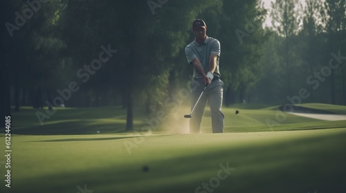 Male golf player on professional golf course. Golfer with golf club taking a shot. Generative AI.