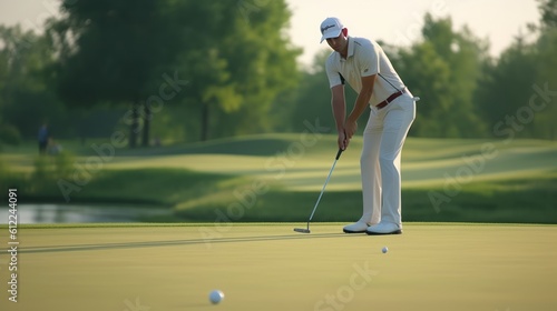 Male golf player on professional golf course. Golfer with golf club taking a shot. Generative AI. photo