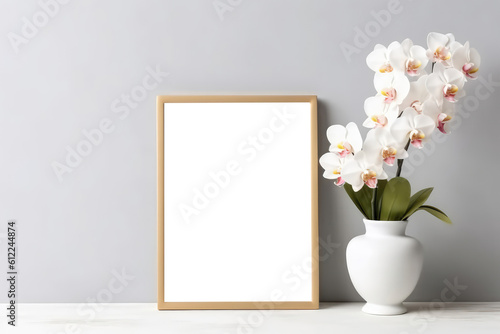 Blank Frame With Orchids In Vase. Empty Png Frame. Generative AI