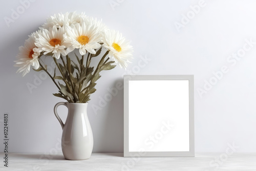 Blank Frame With Chrysanthemums In Vase. Empty Png Frame. Generative AI