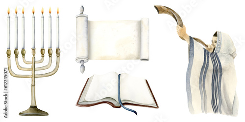 Yom Kippur watercolor illustration set for Day of Atonement with Jewish man blowing shofar horn, Torah book and scroll, menorah with candles isolated on white background photo