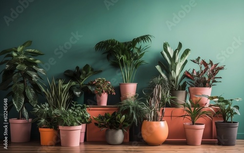 Colorful Wall with Indoor Plants as Decor. Generative AI