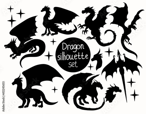 Set of vector dragon silhouette on white background
