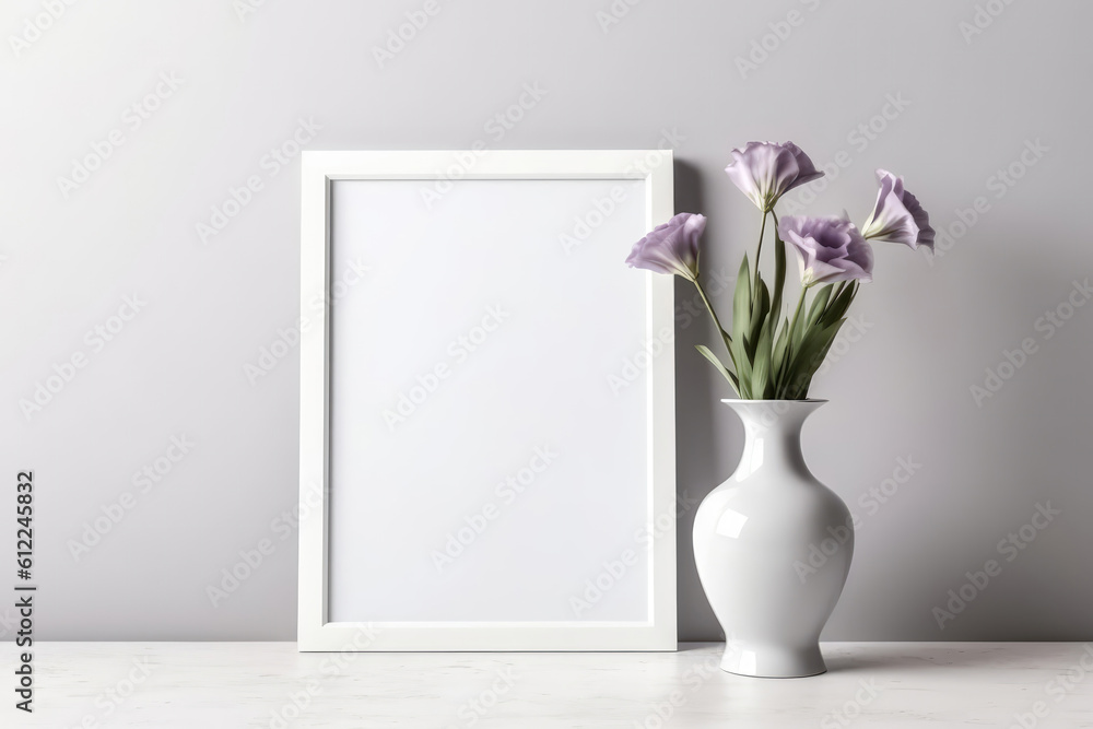 Blank Frame With Lisianthus In Vase Next To It On White Background. Generative AI