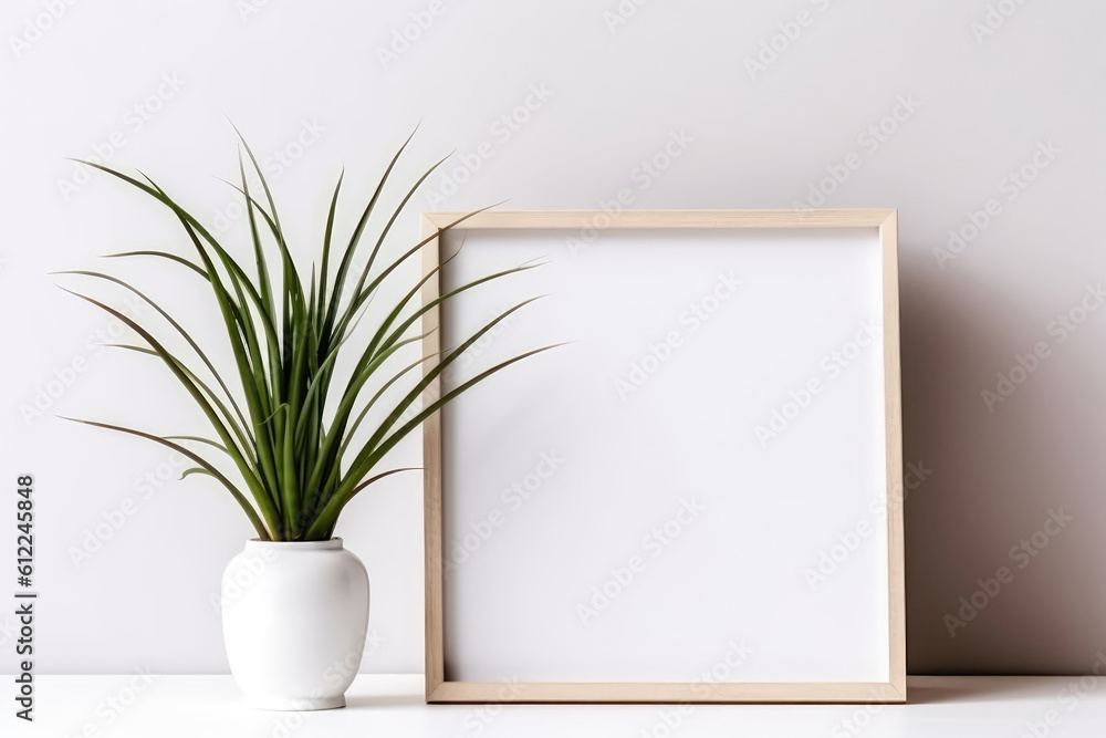 Blank Frame With Spider Plant In Pot Next To It On White Background. Generative AI