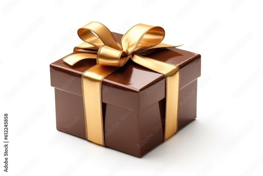 Brown Gift Box With Gold Ribbon On White Background. Generative AI Brown Gift Box With Gold Ribbon On White Background. Generative AI