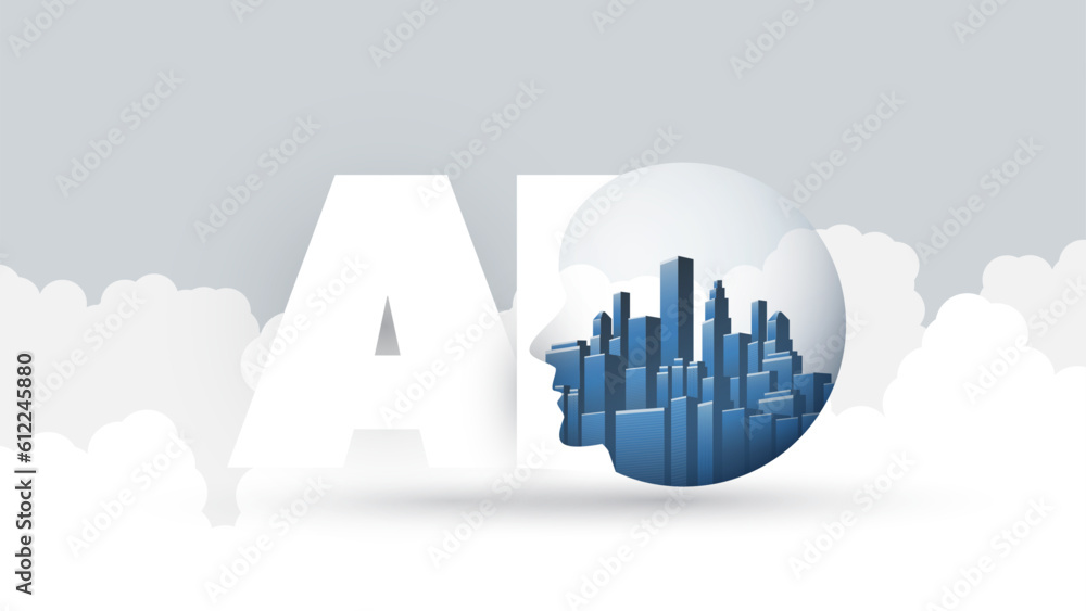 Smart City, Automated Digital Control, Deep Learning, Artificial Intelligence Cloud Computing and Future Technology Concept Design with Cityscape in a Globe, Human Head and Clouds -Vector Illustration