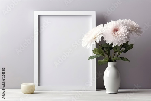 Wallpaper Mural Blank Frame With Chrysanthemums In Vase Next To It On White Background. Generative AI Torontodigital.ca