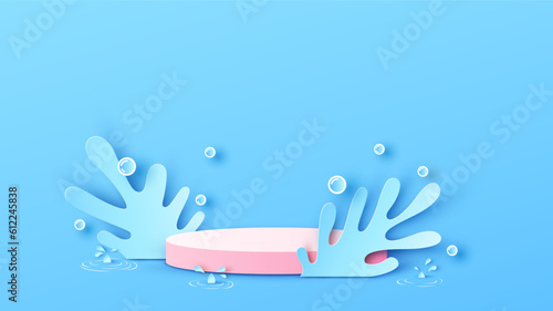 Rainy circle mockup scene podium with water splash and blank space. Water splash podium mockup template. paper cut and craft style. vector, illustration.