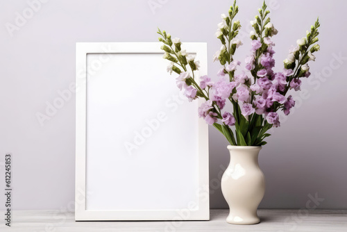 Blank Frame With Snapdragons In Vase Next To It On White Background. Generative AI