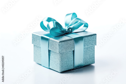 Blue Gift Box On White Background. Generative AI © Anastasiia