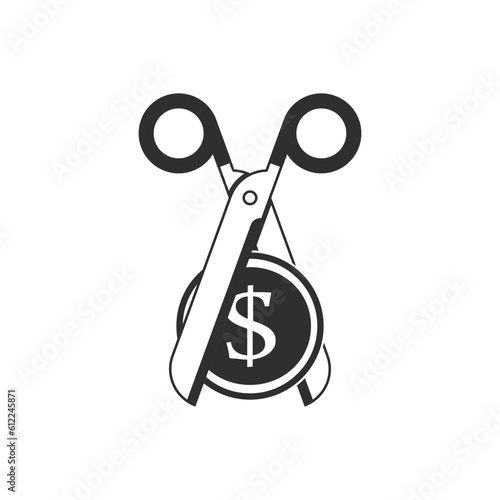 Scissors cutting money vector icon. Price , discount or cost reducing concept. Scissors and coin, price in half illustration. EPS 10.
