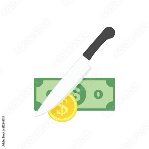 Knife cutting credit money vector icon. Price , discount or cost reducing concept. Knife, banknotes and coin, price in half illustration. EPS 10.