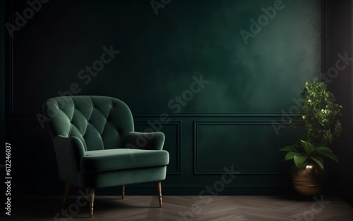 Living Room with a Green Armchair on an Empty Dark Green Background. Generative AI