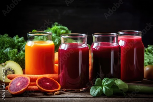 Set of freshly squeezed vegetable juices. Diet drinks. Generative AI