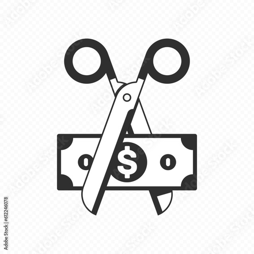 Scissors cutting money vector icon. Price , discount or cost reducing concept. Scissors and banknote, price in half illustration. EPS 10.