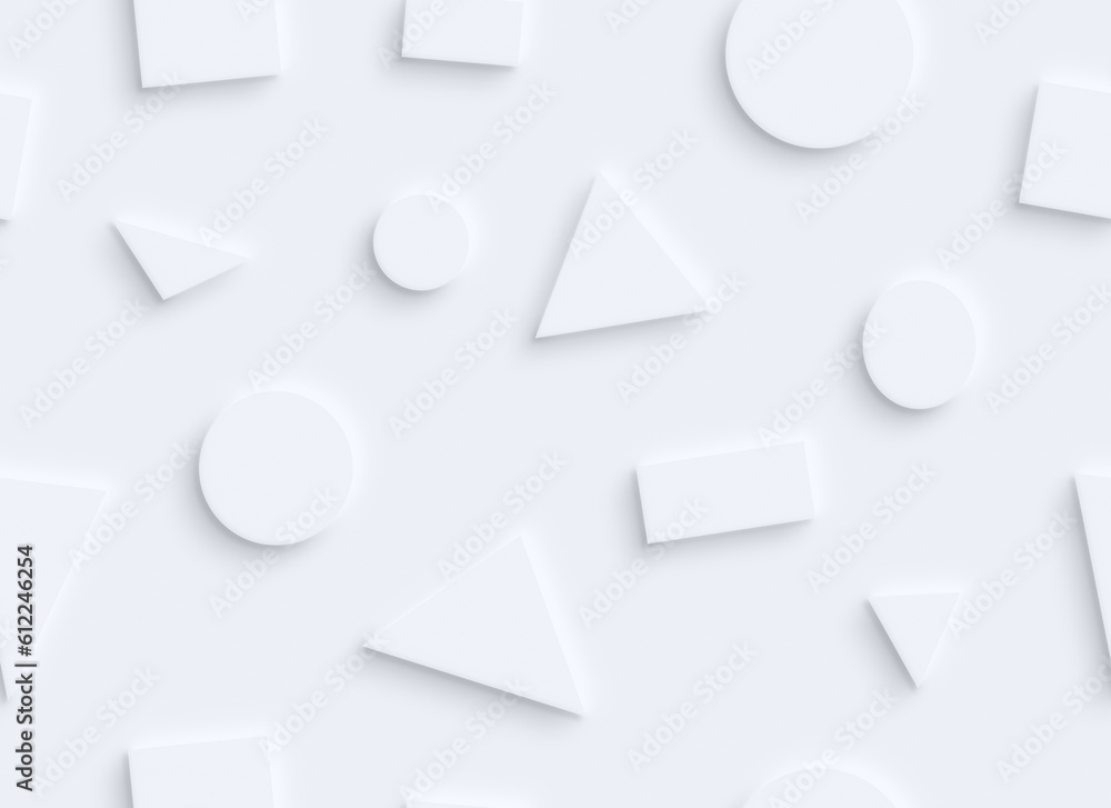 Many white geometric shapes (circles, rectangles and triangles) on white with shadow or 3d effect, seamless pattern. Abstract high resolution full frame background. Many white geometric shapes (circles, rectangles and triangles) on white with shadow or 3d effect, seamless pattern. Abstract high resolution full frame background.