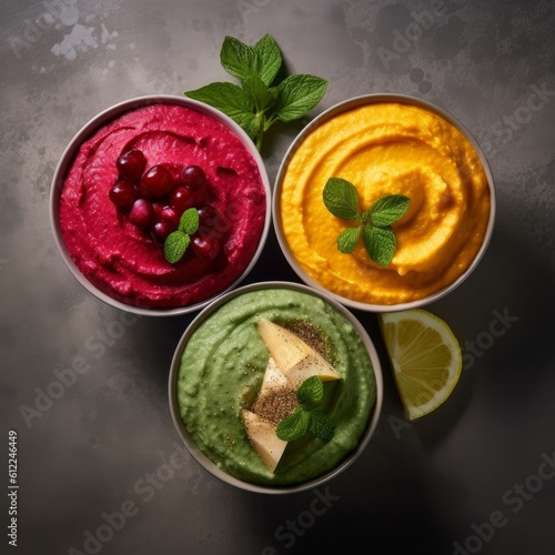 colorful hummus trio featuring classic, beet, and spinach hummus varieties photo