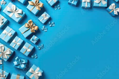 Empty Space In The Center With Blue Background And Lots Of Gift Boxes Closed With Bows, Top View. Generative AI © Anastasiia