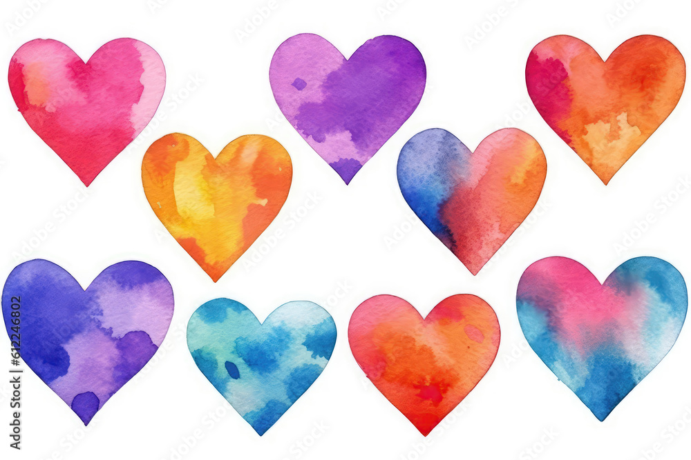 Set Colorful Watercolor Hearts Of Love. Generative AI