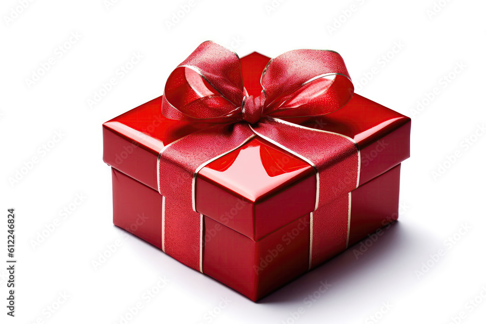 Red Gift Box On White Background. Generative AI Red Gift Box On White Background. Generative AI
