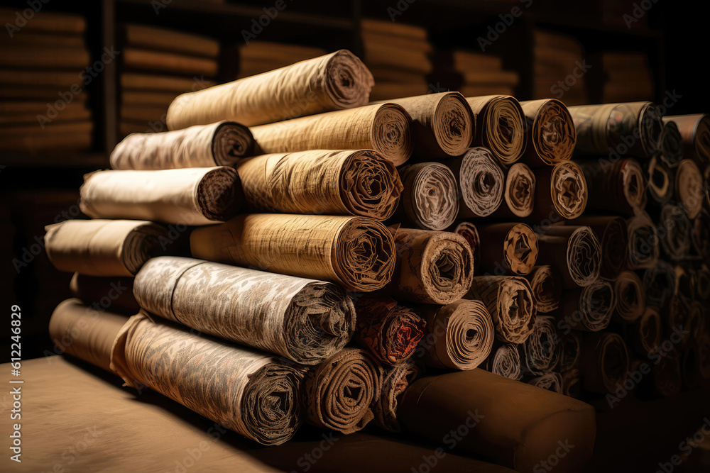 Pile Of Scrolls Stacked Neatly In Library. Generative AI