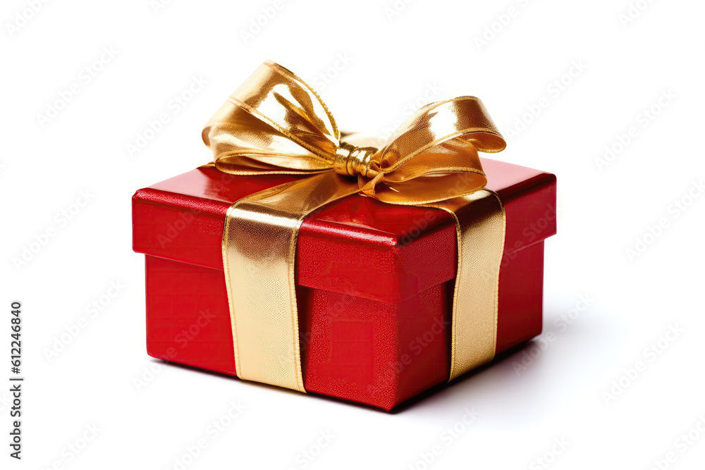 Red Gift Box With Gold Ribbon On White Background. Generative AI Red Gift Box With Gold Ribbon On White Background. Generative AI